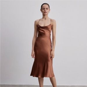 silk maison copper lounge cowl neck midi slip dress